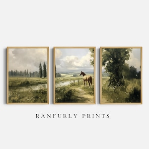 Horse Triptych Print – Countryside Wall Art Set of 3, Rustic Farmhouse Decor, Equestrian Landscape Printable