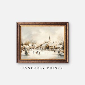 Winter Wall Art Print | Ice Skating Print | Neutral Christmas Printable Art | Winter Cityscape Painting DOWNLOADABLE Printable