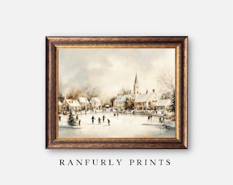 May include: A watercolour painting of a snowy village scene with a church steeple in the background. People are ice skating on a frozen lake in the foreground. The painting is framed in a brown and gold frame.