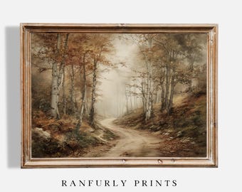 May include: A framed landscape painting depicts a winding dirt road through a misty forest. The trees display autumn colors, with a mix of brown, gold, and white. The artwork is in a distressed, light brown wooden frame. The text "RANFURLY PRINTS" is at the bottom.