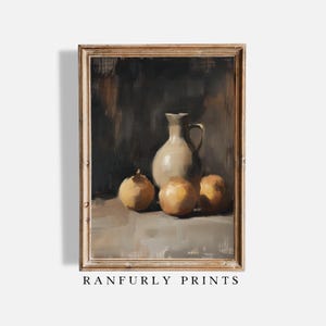 Citrus Still Life, Rustic Vase & Fruit Painting, Kitchen Wall Art, Mediterranean Decor, Digital Download