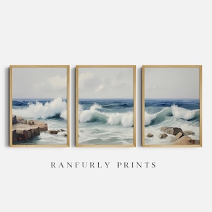 Set of 3 Ocean Wave Triptych Prints | Coastal Seascape Wall Art | Digital Download