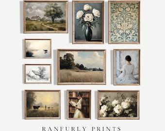 Vintage European Art Prints: Neutral Botanical, Landscape, Textile (Digital Download Set of 10)