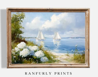 Sailboat Print | Lake Scene with Hydrangeas | Nautical Wall Art | Digital Download | Coastal Cottage Decor