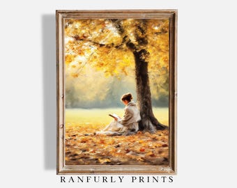 Autumn Reading Woman Art Print, Cottagecore Fall Decor (Digital Download)