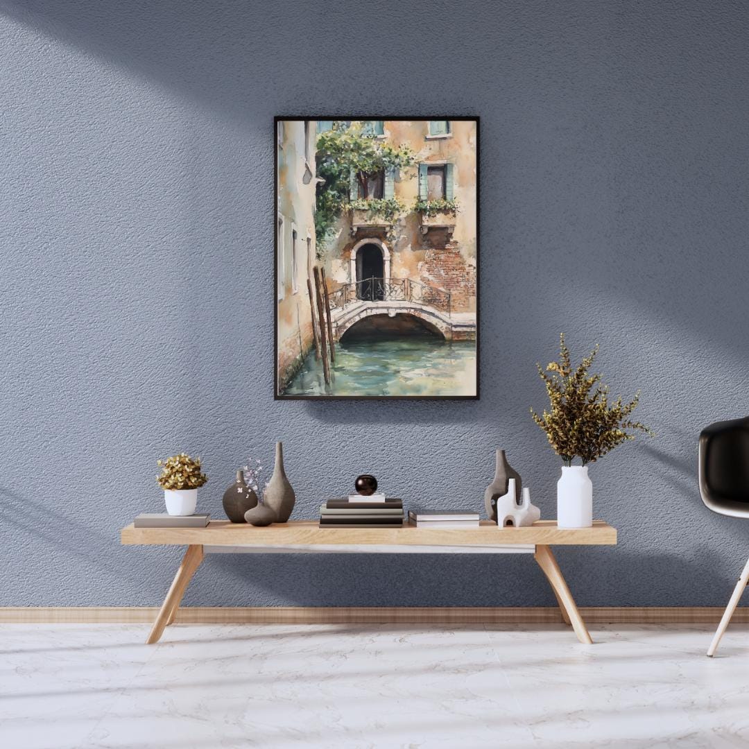 水彩画「ヴェネツィア」プリント：イタリアの運河の風景、ヨーロッパの