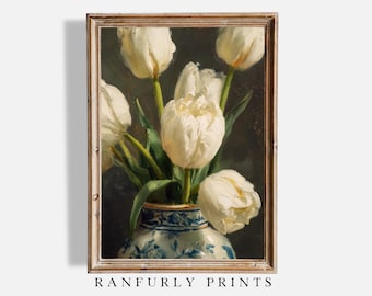 Lámina de tulipán blanco para pared: bodegón botánico vintage, decoración de jarrón azul con flores