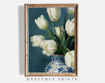 White Tulips Print: Vintage Floral Still Life in Blue Vase (Digital Download)