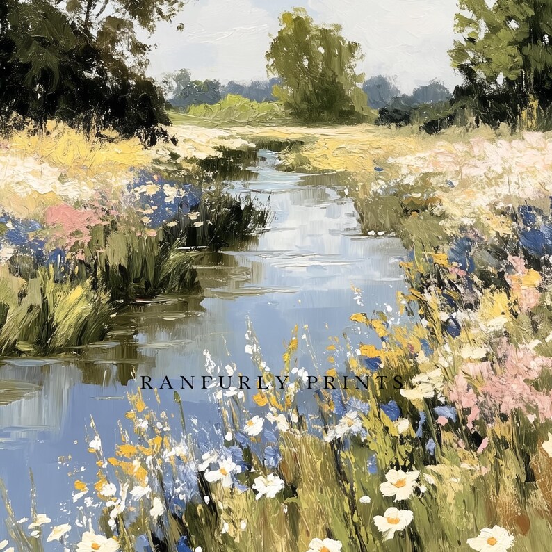 以下が含まれることがあります： 小川が野の花畑を流れる、穏やかな風景の印象派絵画。青、黄、ピンク、緑の色使いで、「RANFURLY PRINTS」の文字がかすかに見える。