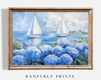 Ortensie blu e barche a vela - Arte costiera - Stampa di paesaggio nautico sul mare - Download digitale