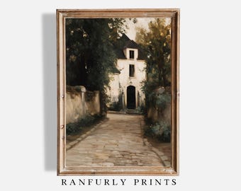 Impresión de una mansión en la campiña francesa: Camino de pueblo vintage (descarga digital)