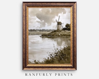 ヴィンテージオランダ風車の油絵：素朴な風景画（デジタルダウンロード