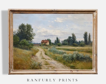 Vintage Countryside Cottage Print – Rustic Farmhouse Landscape (Digital Download)