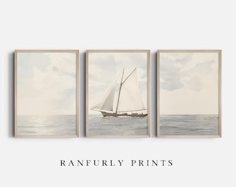 Sailboat Triptych Print: Vintage Nautical Seascape (Digital Download)