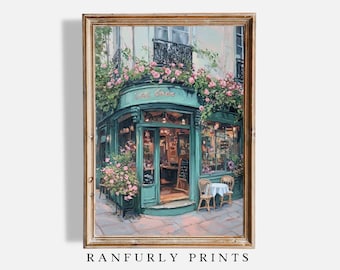 Afdruk café Parijs: groene Franse bistroscène (digitale download)