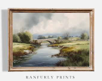 Stone Bridge Over River Print – Countryside Landscape Wall Art – Rustic Nature Painting – Digital Download
