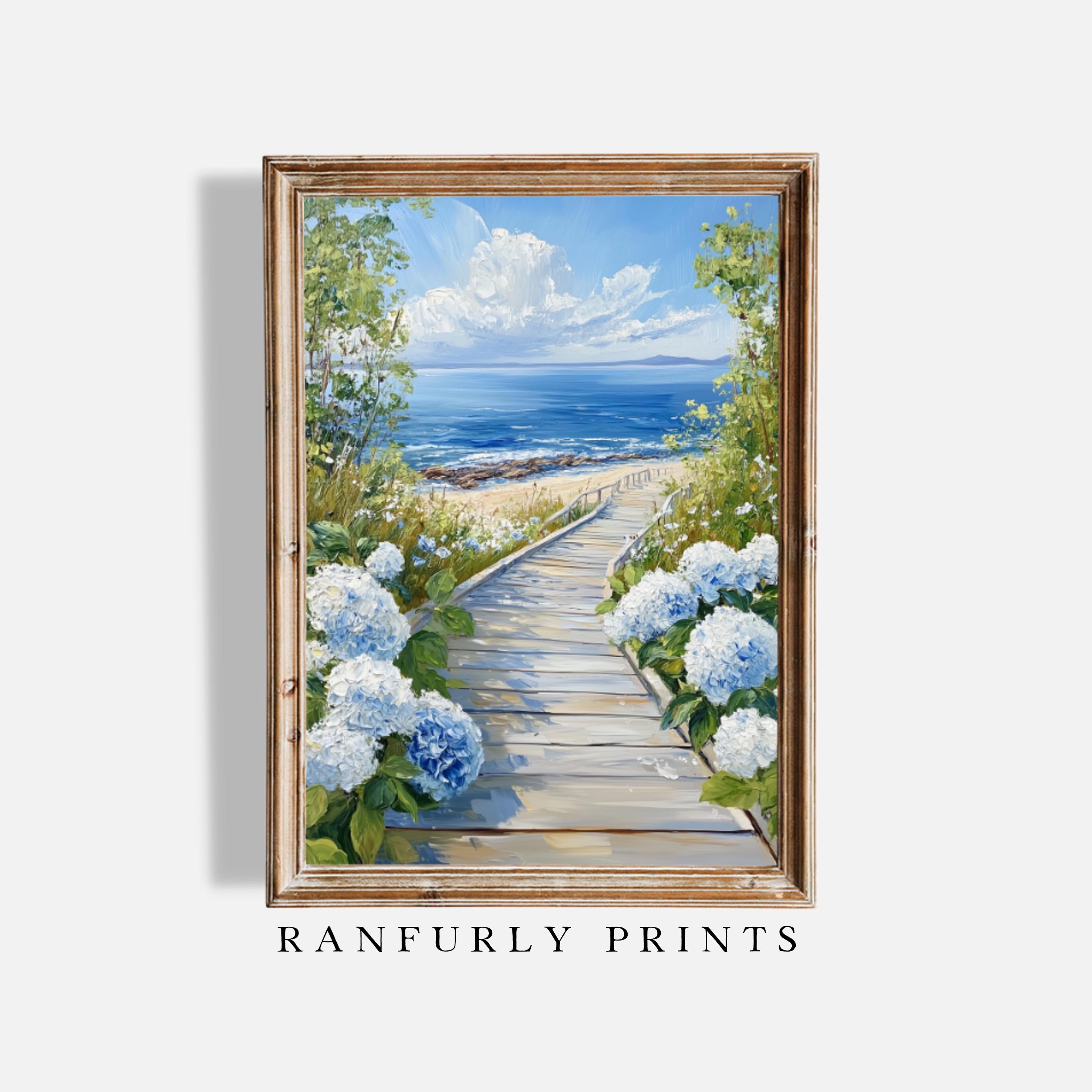 Curved Beach Boardwalk With Blue Hydrangeas – Coastal Digital Art