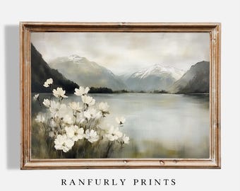 Pittura di paesaggio costiero STAMPABILE Arte, decorazione da parete per casa sul lago di montagna, stampa digitale scaricabile