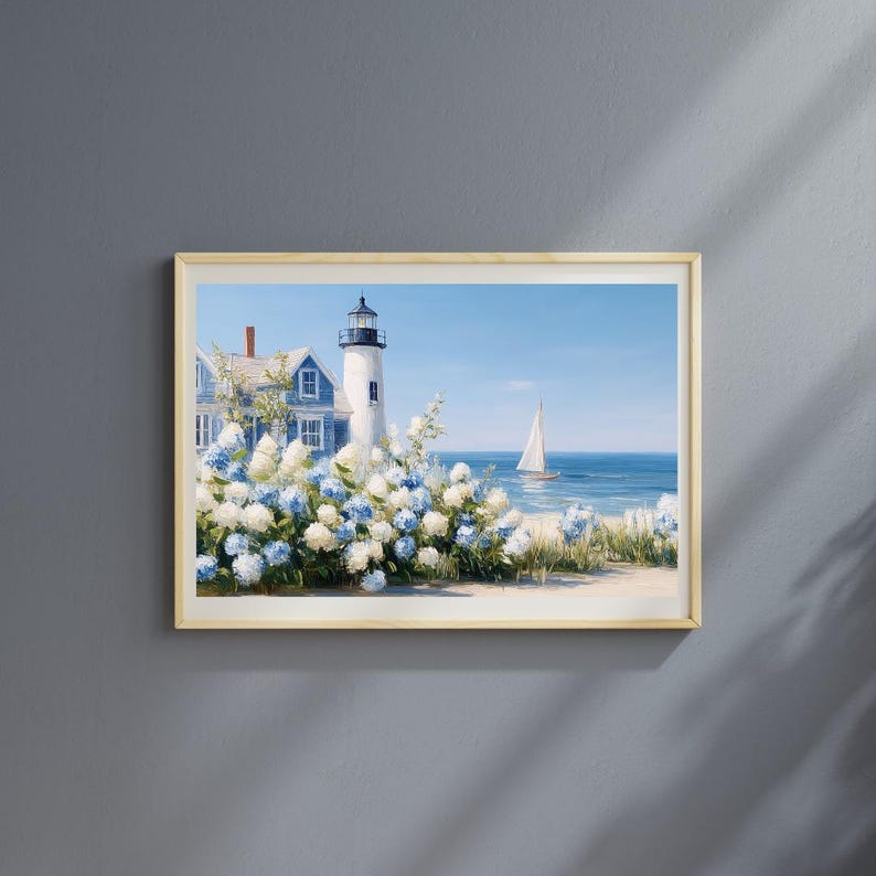Coastal Lighthouse and Hydrangeas Art Print – Nautical Blue Beach ...