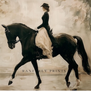 May include: An equestrian-themed art print featuring a woman in a black riding outfit and hat, riding a black horse. The woman's skirt is a light cream color. The print has a vintage, painterly style with the text "RANFRLY PRINTS" at the bottom.
