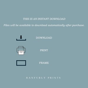 May include: A teal background with white text and icons. The text reads "THIS IS AN INSTANT DOWNLOAD" and "Files will be available to download automatically after purchase." Icons for download, print, and frame are also present. The shop name "RANFURLY PRINTS" is at the bottom.