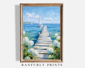 Sailboat Coastal Print: Blue Sea, Dock, Hydrangeas (Digital Download)