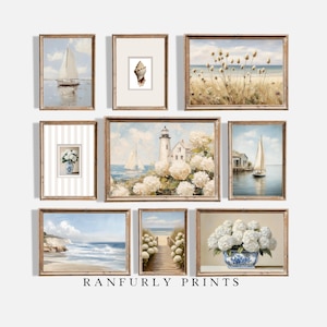 Set of 9 Coastal Gallery Wall Prints | Neutral Beach & Nautical Decor | Digital Download