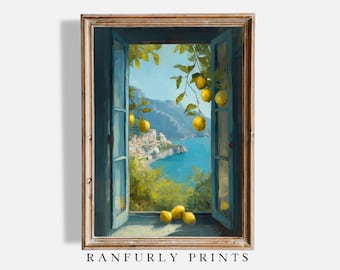 May include: A framed print depicting a coastal scene seen through an open window. The window reveals a blue sea, a hillside town, and hanging lemons. The window frame is brown, and the window is blue. The text "RANFURLY PRINTS" is at the bottom.