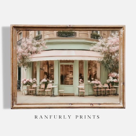 Paris Café Print | French Bistro Digital Download Wall Art with Pink Flowers