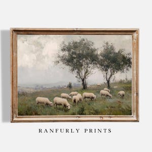 Sheep Farm Print, Rustic Landscape Wall Art, Countryside Decor, Pastoral Scene with Trees, Digital Download