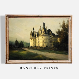 French Château Print – Dark Moody Wall Art – Elegant European Architecture – Romantic Castle Decor – Digital Download
