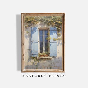 Könnte beinhalten: Gerahmtes Gemälde eines Fensters mit hellblauen Fensterläden, einem Blumenkasten und Kletterpflanzen. Das Fenster befindet sich in einer strukturierten, cremefarbenen Wand. Das Kunstwerk ist unten mit "RANFURLY PRINTS" signiert.