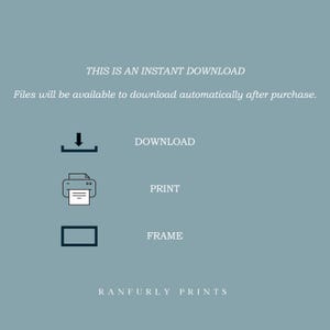 May include: A teal background with white text and icons. The text reads "THIS IS AN INSTANT DOWNLOAD" and "Files will be available to download automatically after purchase." Icons for download, print, and frame are also present. The shop name "RANFURLY PRINTS" is at the bottom.