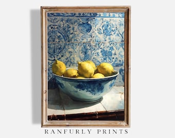 Blue Bowl Lemons Still Life Print: Rustic Italian Kitchen Art (Digital Download)