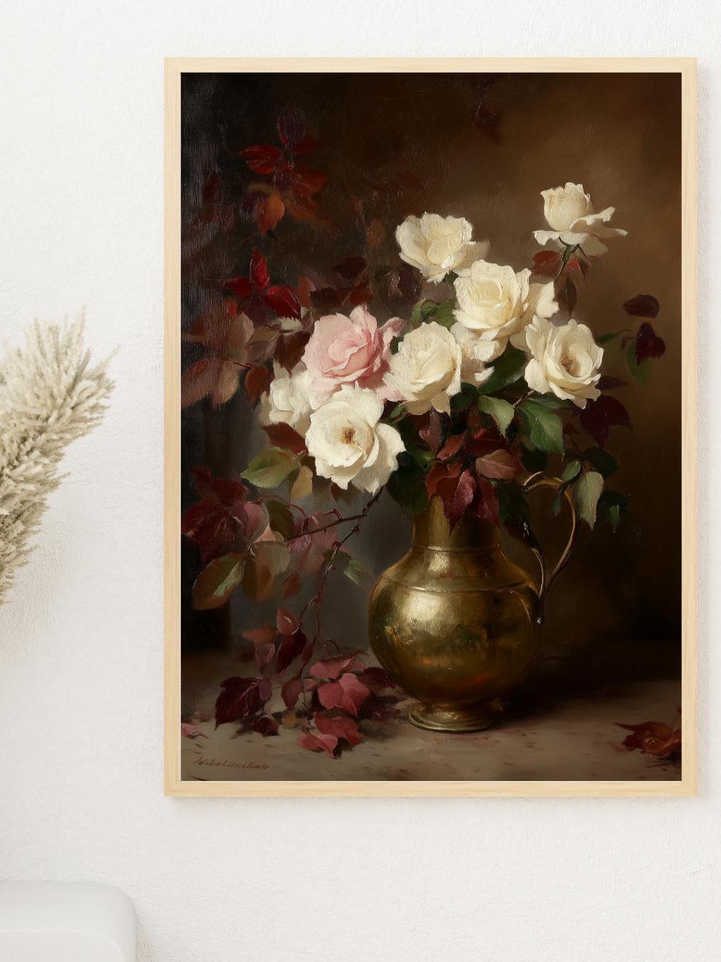 バラの花瓶の静物画、ロマンチックな花の壁アート（デジタル