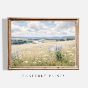 May include: A framed landscape painting shows a tranquil meadow with a meandering river beneath a cloudy sky. The artwork features a field of wildflowers in shades of yellow, white, and purple. The text "RANFURLY PRINTS" is printed at the bottom.