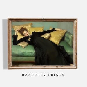Vintage Lady on Green Sofa Art Print | Elegant Classic Wall Decor (Digital Download)