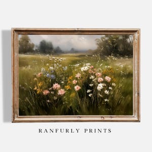 Wildflower Meadow Print – Vintage Colorful Floral Landscape Wall Art – Nature-Inspired Cottagecore Decor – Digital Download