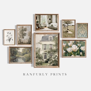 French Cottagecore Gallery Wall Set: Vintage Botanical Prints (Digital Download, Set of 8)