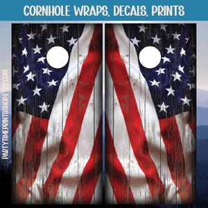 Cornhole | Waving US Flag Board Wraps, Wood Grain, Vinyl USA Decals, Outdoor, Camping Game, Custom Cornhole Board Wrap, American Pride Print