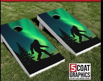 Bigfoot Northern Lights 2 Cornhole Wraps Alaska Sasquatch Silhouette Game Vinyl Decals Board Skins