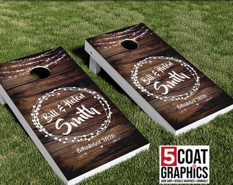 Rustic Wedding Board Wraps 2 Personalized Country Wedding Skins Custom Dark Barn Wood Cornhole Decals Boards Fairly Light Wedding Gift