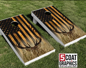 Deer in Brush Black Woodgrain Flag 2 Cornhole Board Wraps Vinyl Laminated Decals Outdoor Yard Game Hunting Cornhole Board Big Buck Skins