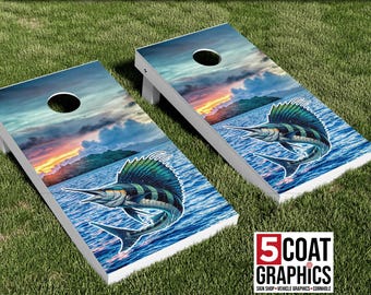 Sailfish 2 Cornhole Board Vinyl Wraps Outdoor Yard Camping Game Skins Bora Bora Island Deep Sea Fish