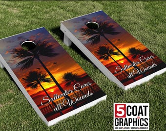Palm Tree Beach Sunset Saltwater Cures All Wounds Paradise 2 Cornhole Board Wraps Salt Life Skins Beach Life Decals