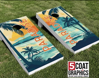 Paradise Beach 2 Cornhole Board Wraps Vinyl Laminated Skins Outdoor Yard Game Cornhole Board Print Combo Left and Right Design