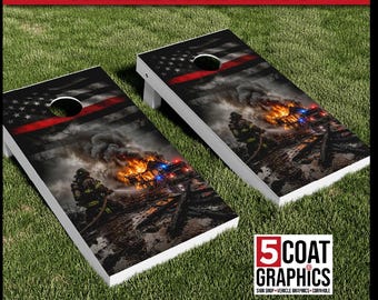 Fire Fighter House Fire Cornhole 2 Board Wraps  Thin Red Line Gift Personalized Decal Custom First Responder Smokey Flag Stock Skins