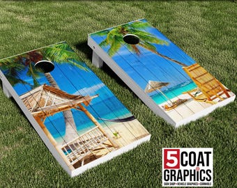 Beach Bliss Chair and Hut Combo Wood Grain 2 Cornhole Board Wraps Vinyl Laminated Decals Outdoor Tropical Paradise Beach Skins