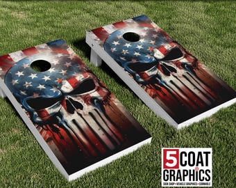 Punisher Stars Stripes 2 Cornhole Board Wraps Goth Outdoor Yard Game Skins Punisher Dark Decals Skull Cornhole Skins