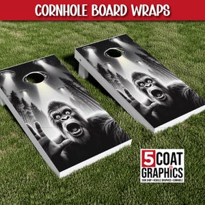 Bigfoot UFO 2 Cornhole Board Wraps Sasquatch Selfie Decals Big Foot UFO Skins Yet Alien Abduction